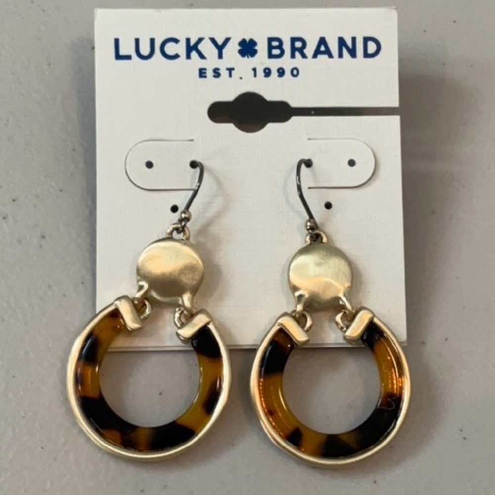 NWT Lucky Brand Tortoise Matte Gold Drop Hoop Earrings